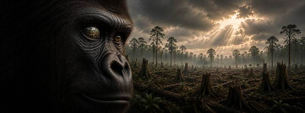 Gorilla facing a cleared forest, from The Last Witness