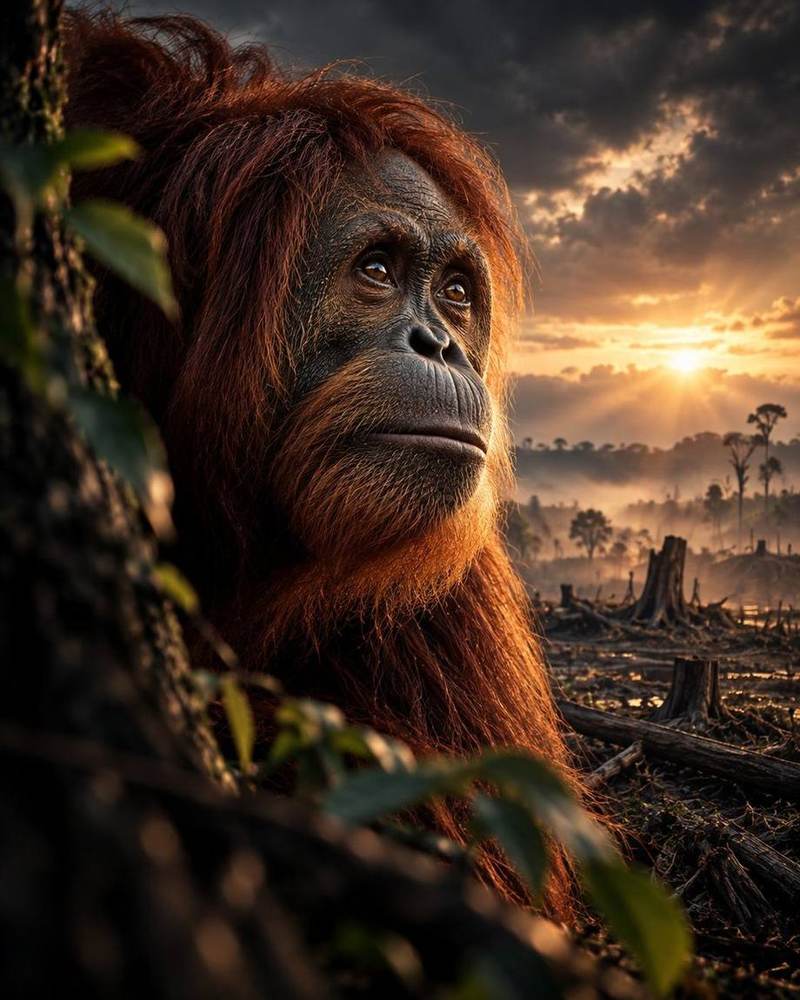 Through Their Eyes — orangutan against a cleared forest at dawn
